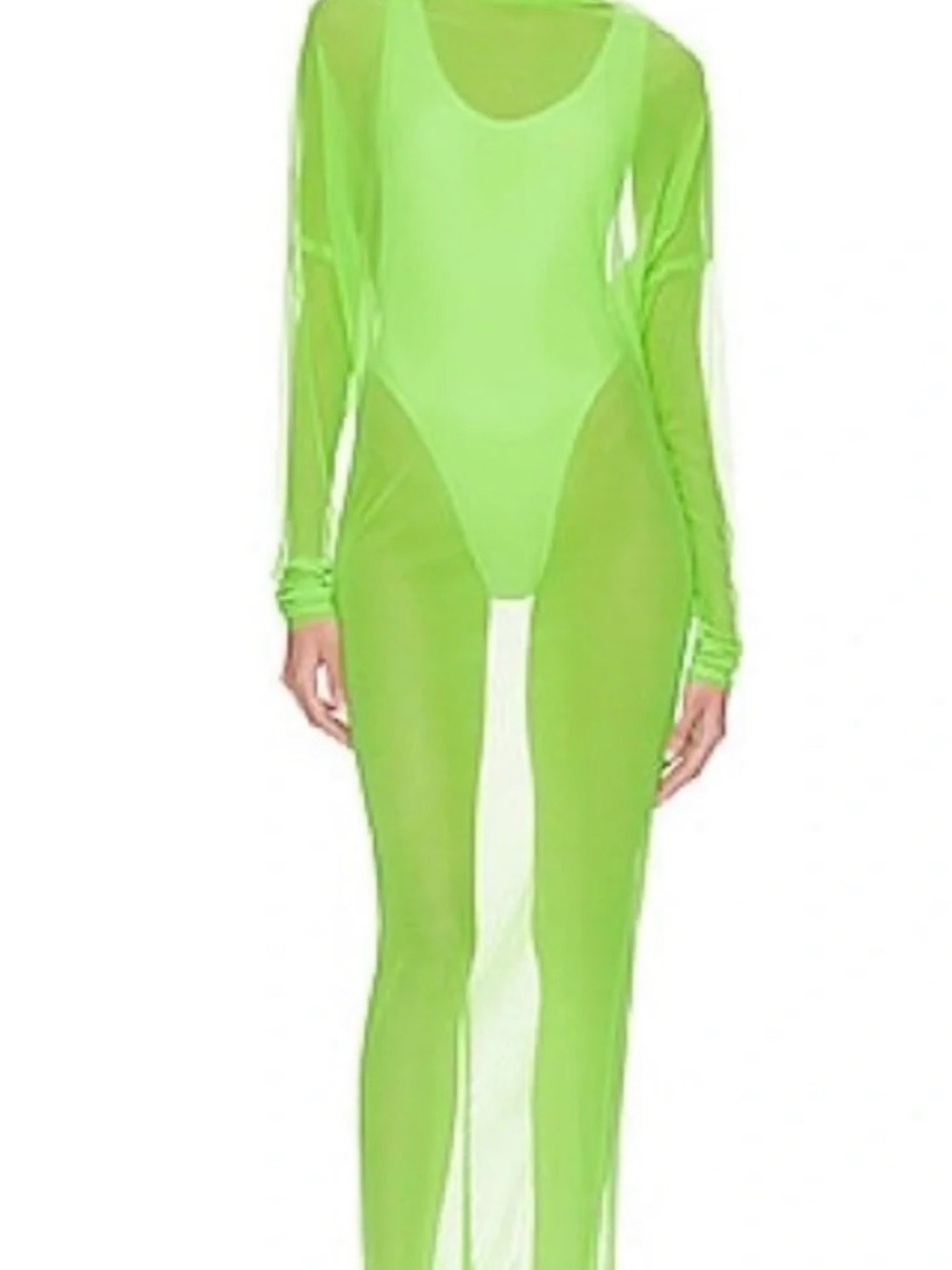 Norma Kamali All-in-One Neon Lime Sheer Mesh Long-Sleeve Coverup, Size Medium